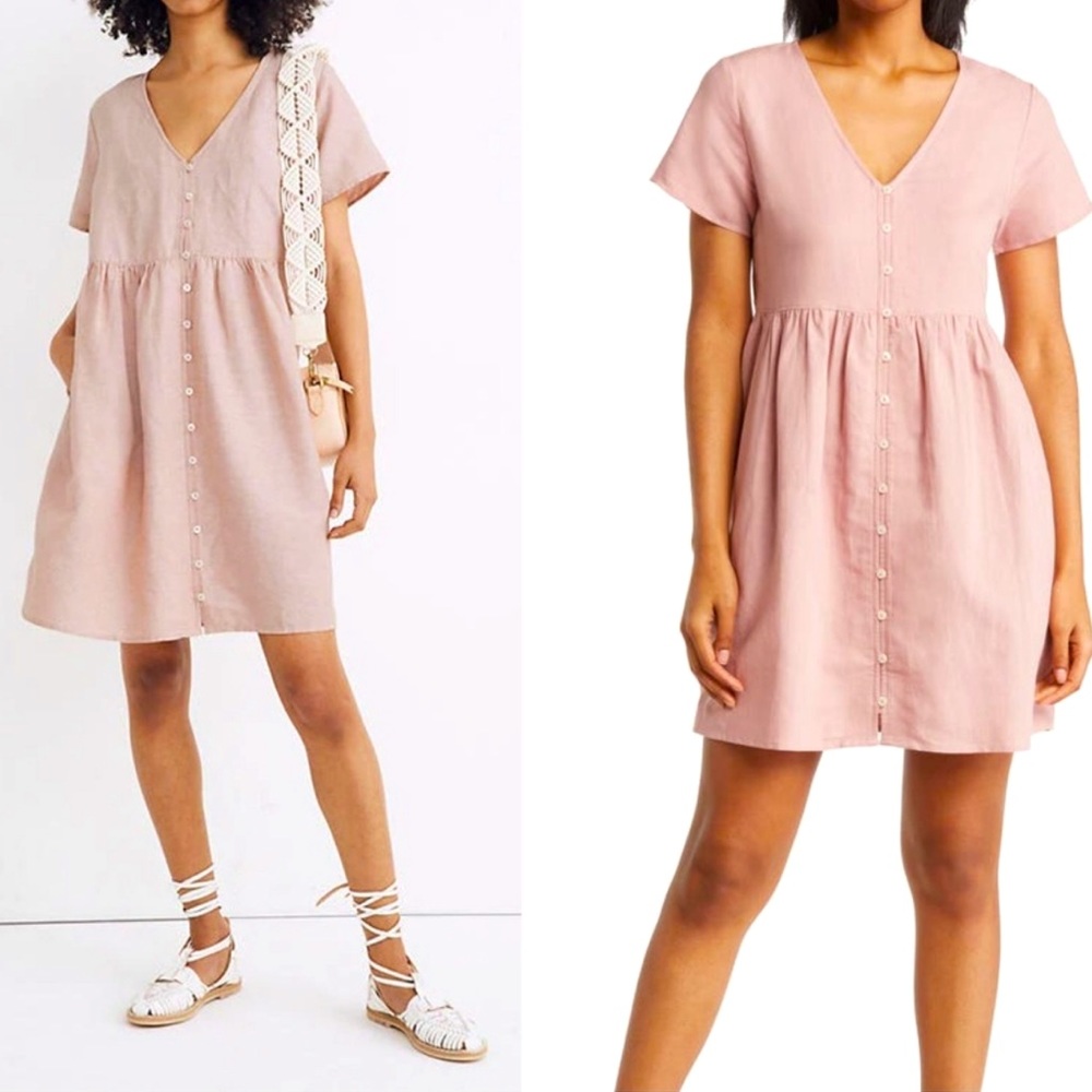 Madewell short sleeve Alexandra button down pockets linen blend cotton dress